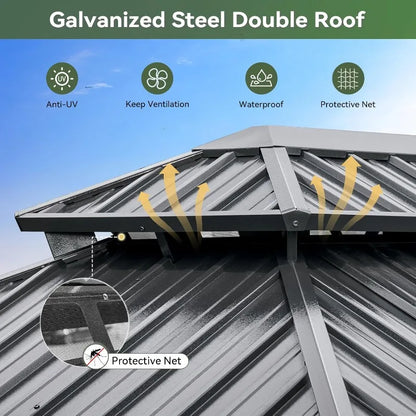 10x12 Hardtop Gazebo, Aluminum Frame & Double Steel Roof, Includes Netting