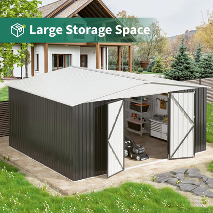 10x12/12x14FT Galvanized Steel Storage Shed Heavy Duty Lockable Hasp Door Black/White Roof Garden Tool Shed