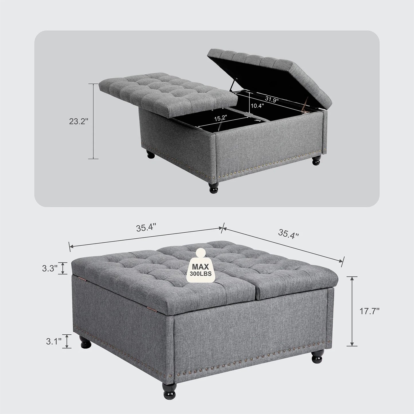 35" Large Square Storage Ottoman Bench, Upholstered Coffee Table, Lift Top Storage Ottoman Tufted Fabric for Living Room