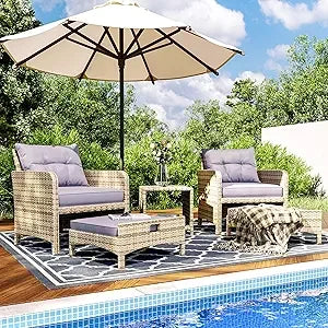 5 Pieces , Rattan Balcony Furniture with Ottomans, PE Wicker Outdoor Patio Chairs Set with Coffee Table