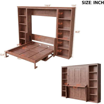 Space-Efficient Queen Murphy Bed with Desk, Bookshelves, and Storage in Dark Brown Wood