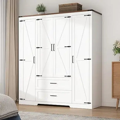 Wardrobe Armoire Closet with Doors and Drawers, Farmhouse Wooden Armoire Storage Cabinet with Shelves & Hanging Rod