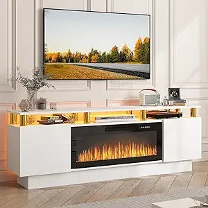 Fireplace TV Stand with 36" Electric Fireplace, 70" LED Light Entertainment Center with Storage,2 Tier Modern Wood Media TV Console