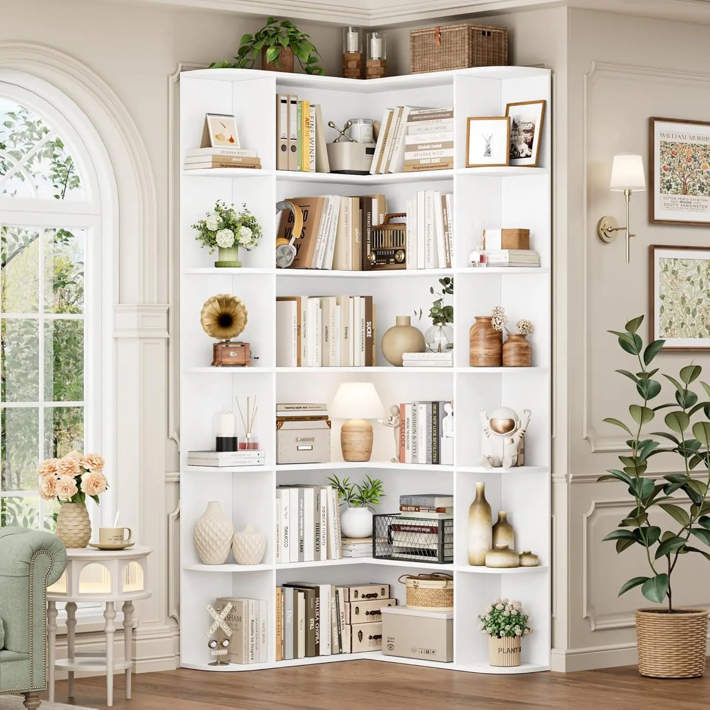 74” Tall Corner Bookshelf, 6-Tier with Open Storage, L Shaped Tall Bookcases Wooden Storage, Customized