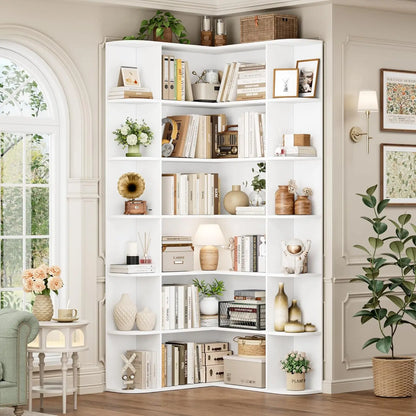 74” Tall Corner Bookshelf, 6-Tier with Open Storage, L Shaped Tall Bookcases Wooden Storage, Customized