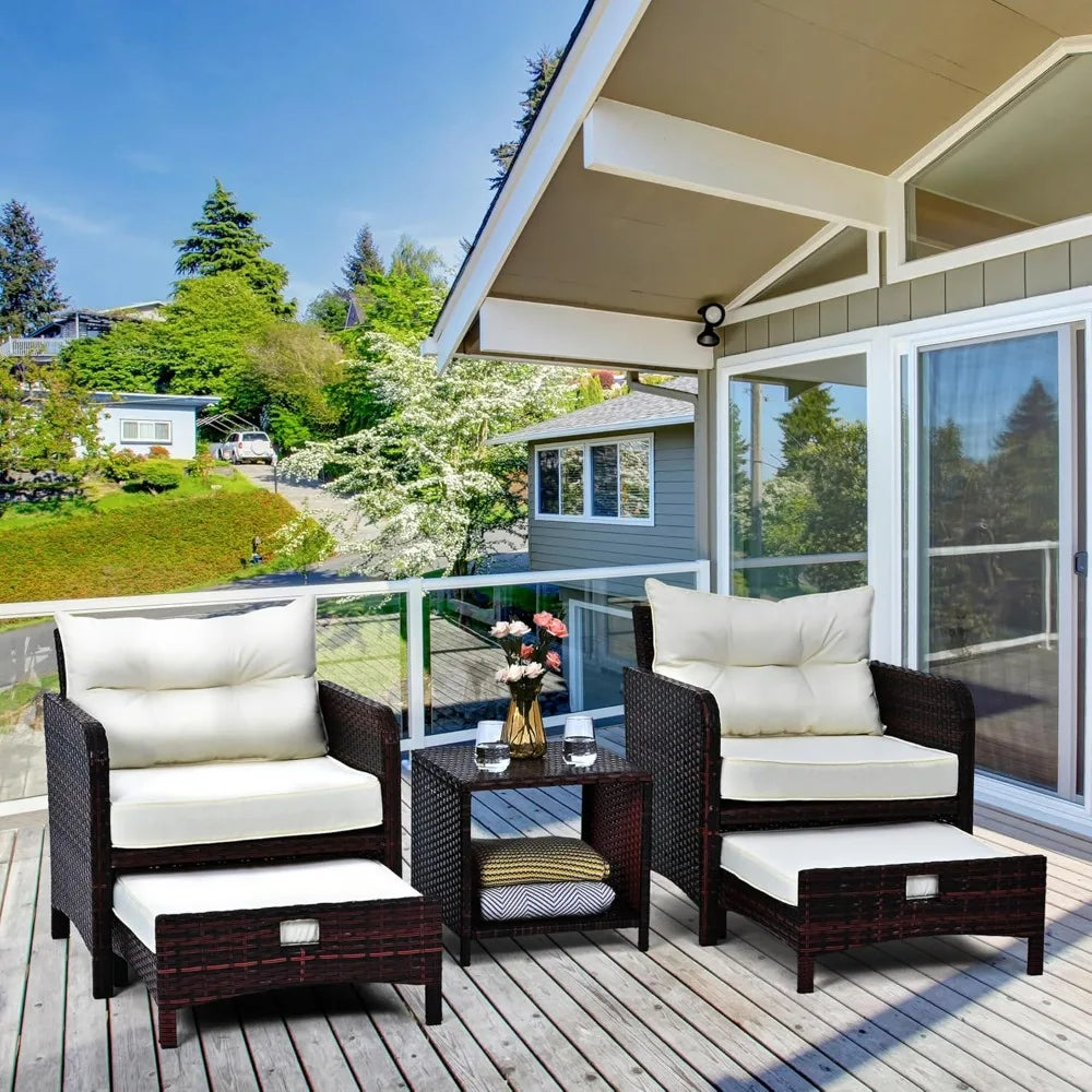 5 Pieces , Rattan Balcony Furniture with Ottomans, PE Wicker Outdoor Patio Chairs Set with Coffee Table