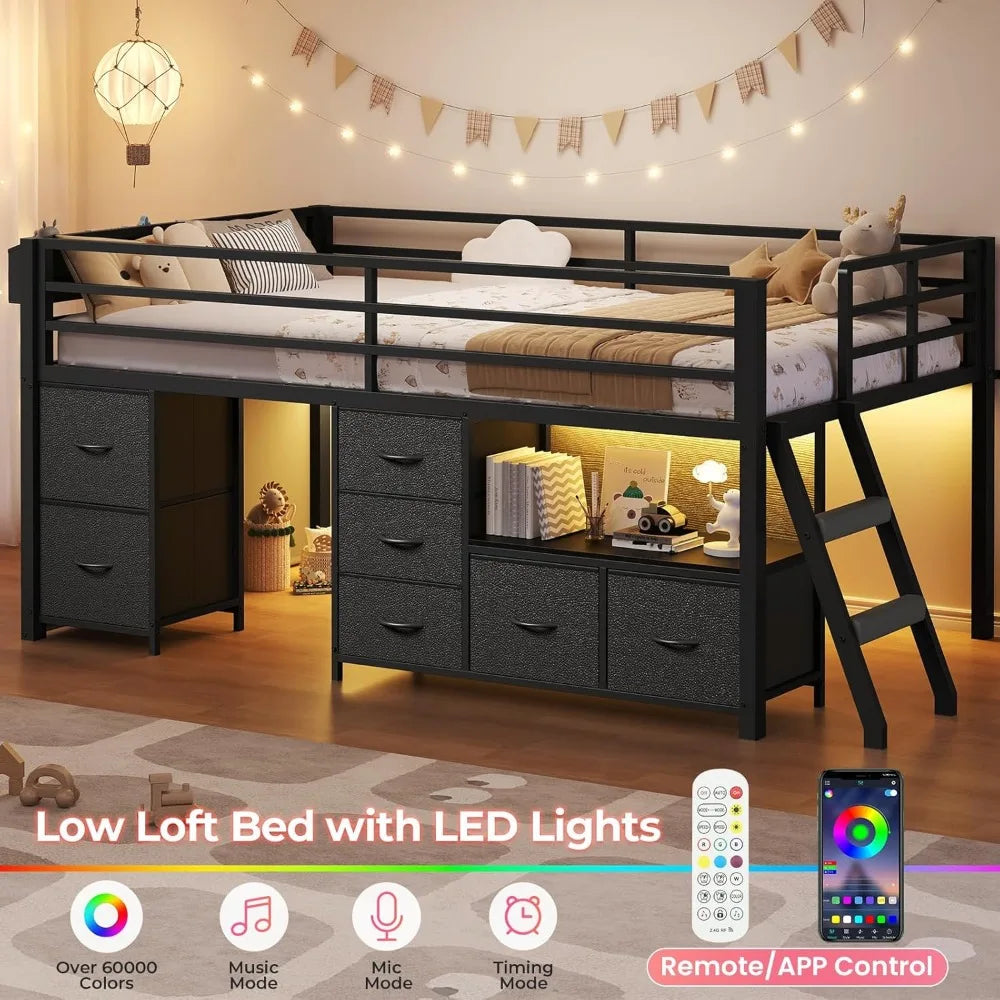 Low, Loft Bed Twin Size with 7 Storage Drawers, Bookcase and LED Lights, Metal Kids Loft Bed with 14" H Safety Guardrail, Incline Ladder