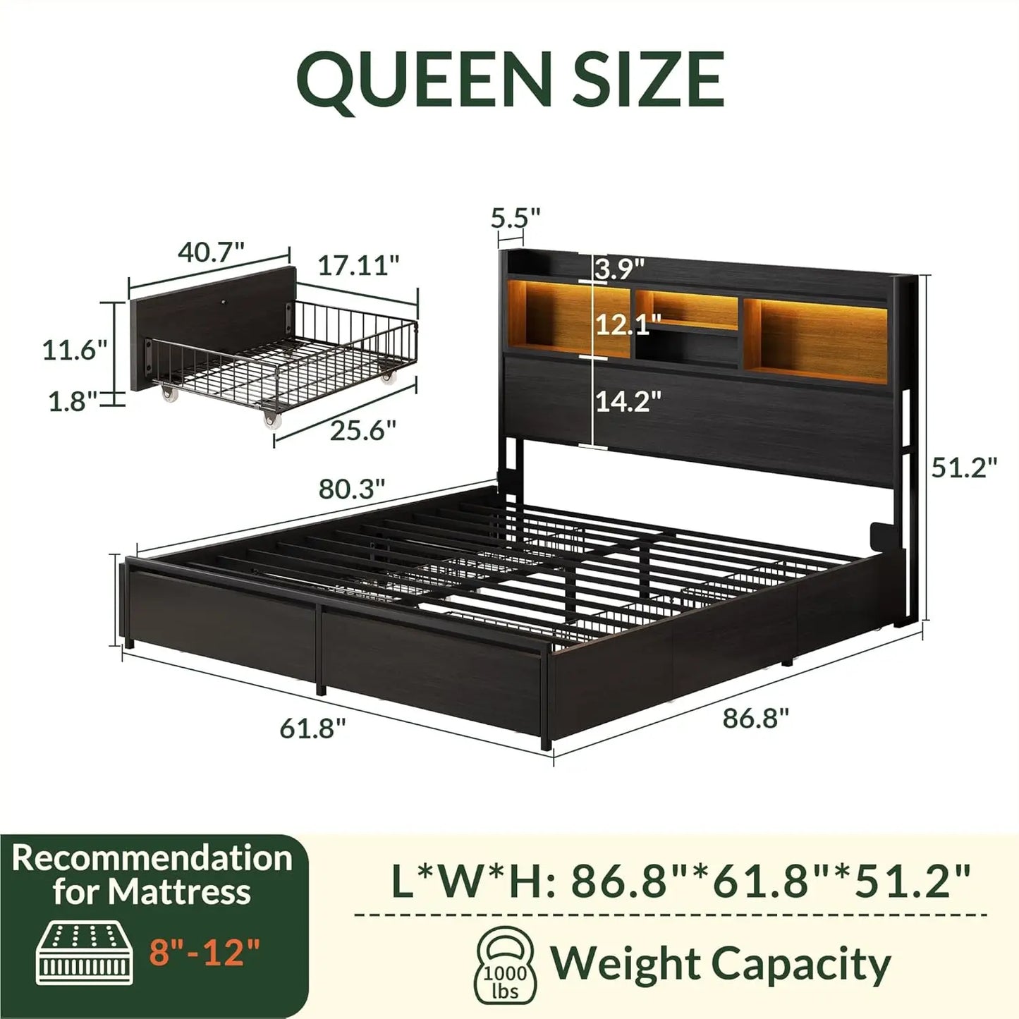 Queen Size Wooden Bed Frame with 6 Drawers, Headboard, LED Lights & Charging Station, No Box Spring Needed,