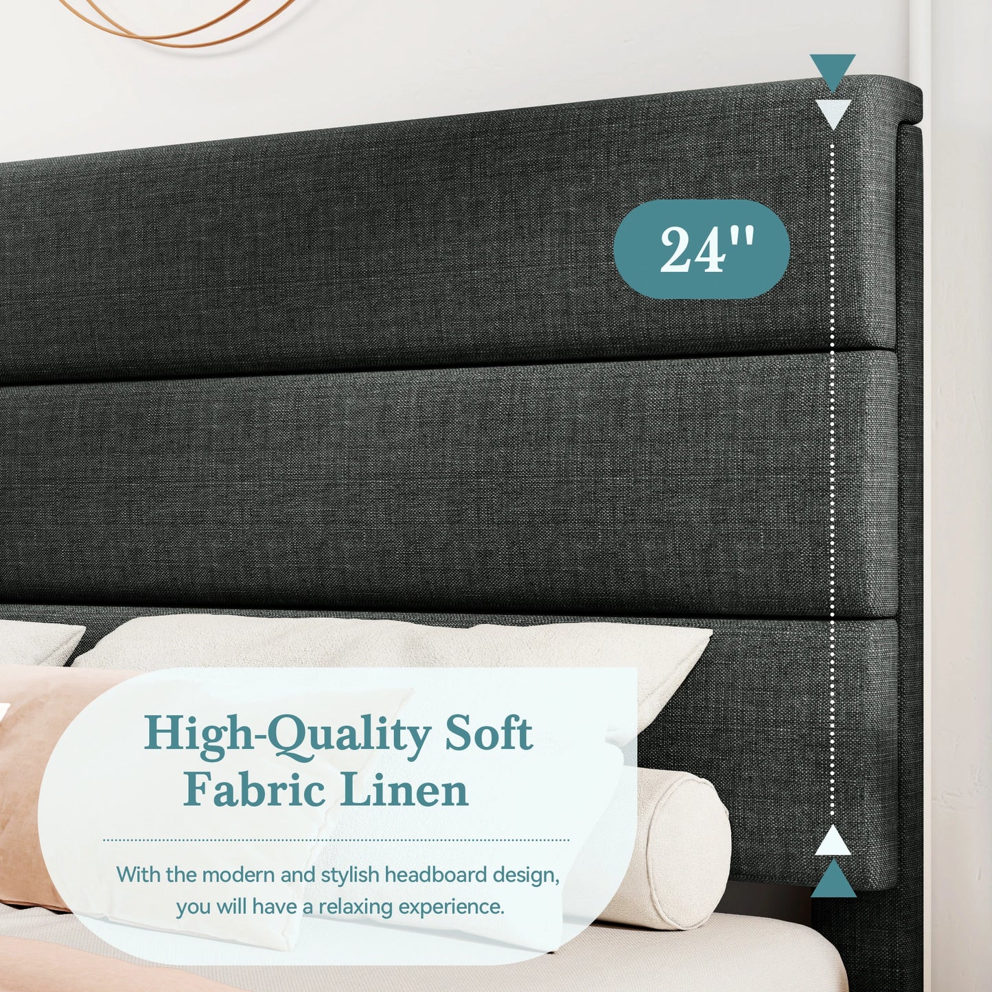 Bed Frame with Headboard, Fabric Platform Bed, Strong Wood Slats Support Panel Bed Mattress Foundation