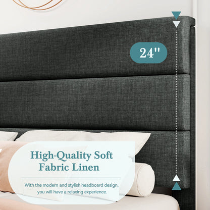 Bed Frame with Headboard, Fabric Platform Bed, Strong Wood Slats Support Panel Bed Mattress Foundation
