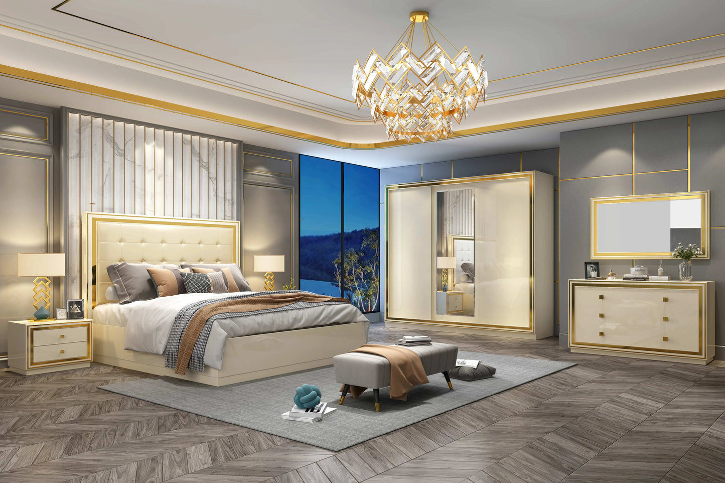 Italian White, Queen/King Size Bedroom Sets, Mirrored Home Furniture