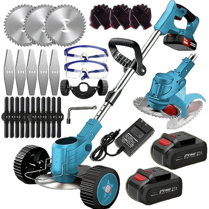 Wireless portable weed trimmer with 2 lithium batteries and comes with replaceable blades