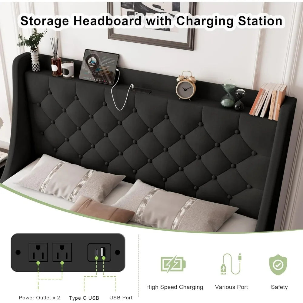 "black full-size bed with wingback headboard and storage drawers"