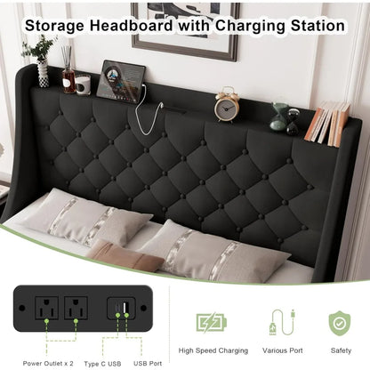 "black full-size bed with wingback headboard and storage drawers"