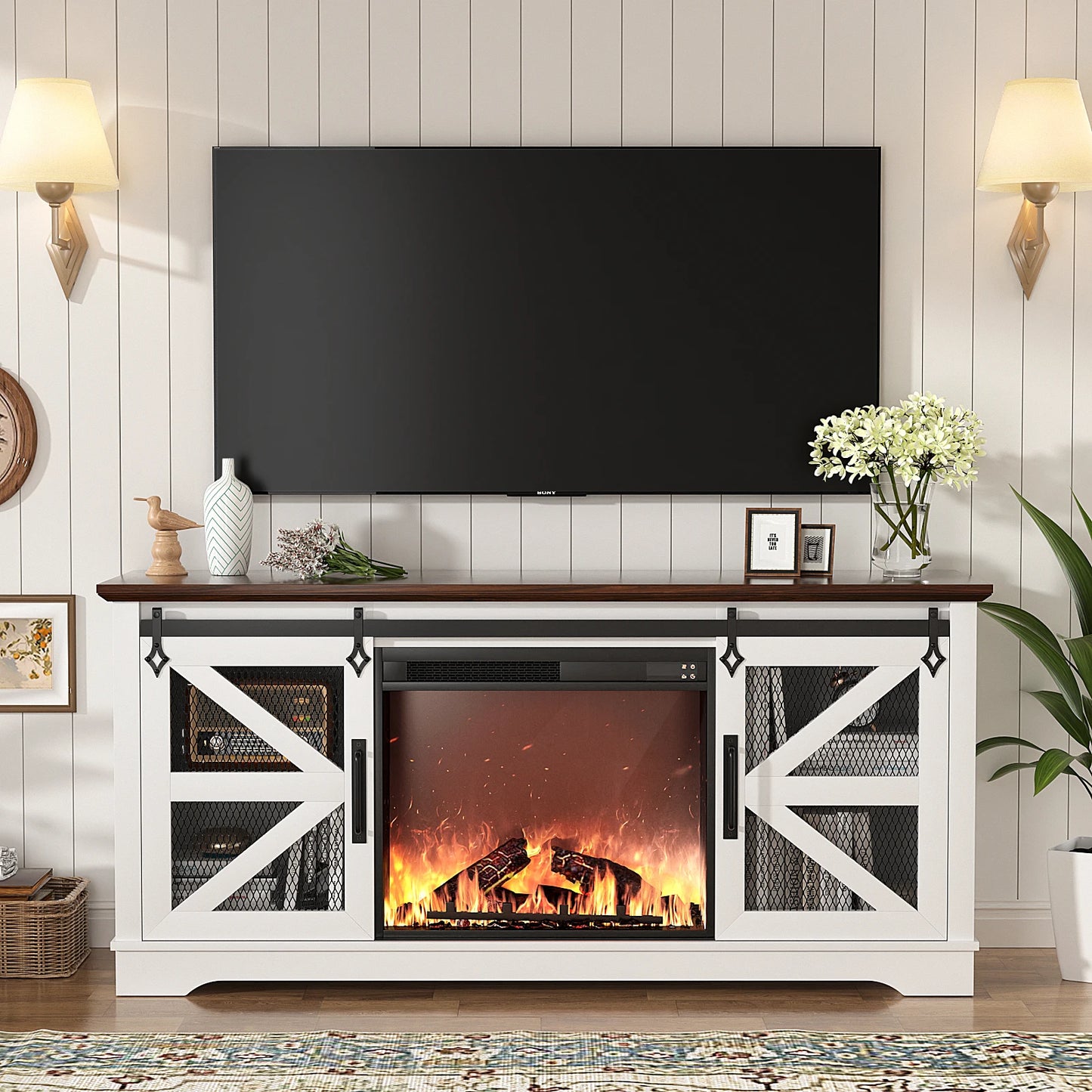 TV Stand 60’’ with Fireplace ,Farmhouse Entertainment Center w/26’’ Electric Fireplace