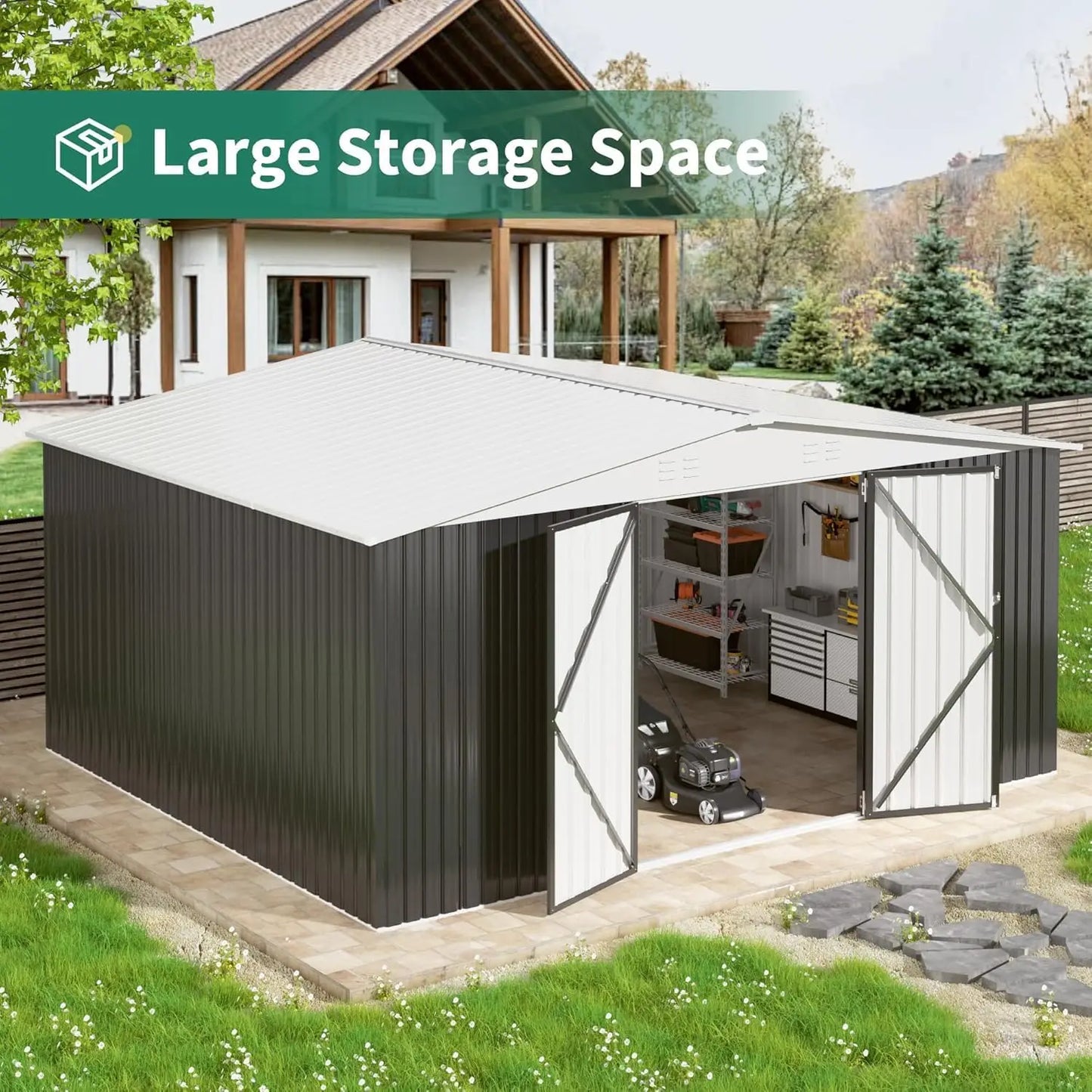 12x14 FT Outdoor Storage Shed, Garden Shed with Updated Frame Structure , Metal Tool Sheds