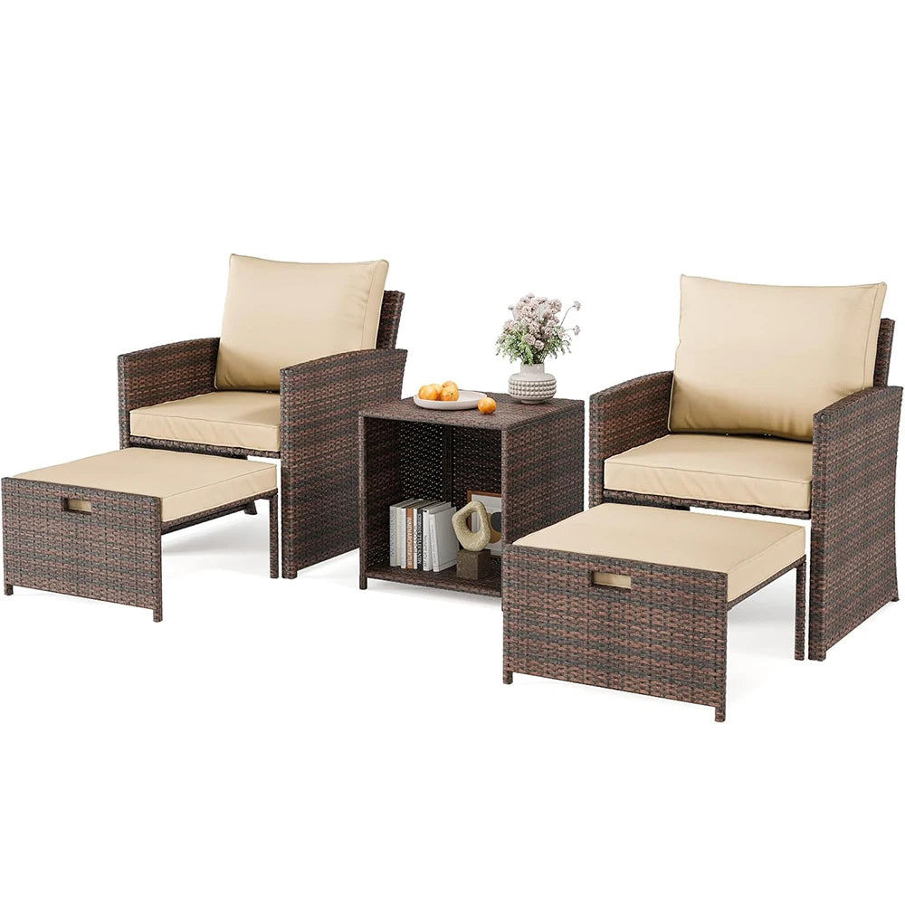 5-Piece All-Weather Pe Rattan Patio Set, High Back Chairs With 2 Ottomans & Table, Soft Cushions For Garden & Porch