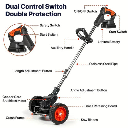 Wireless portable weed trimmer with 2 lithium batteries and comes with replaceable blades