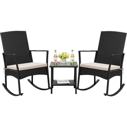 Rocking Chair Outdoor, Glass Table, High Back Porch Rocker for Balcony Garden Backyard (Beige)