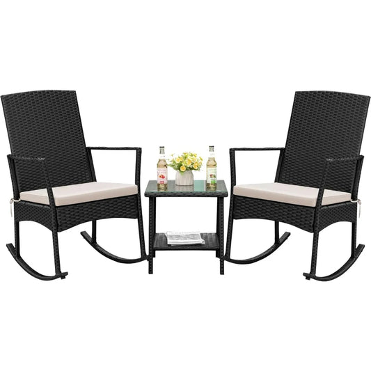 Rocking Chair Outdoor, Glass Table, High Back Porch Rocker for Balcony Garden Backyard (Beige)