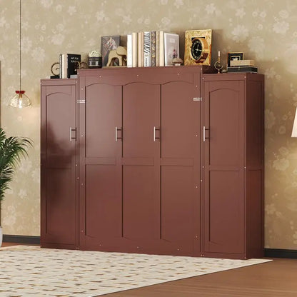 Full Size Murphy Bed with 2 Wardrobes & Storage Shelves, Multifunctional Foldable Platform Bed Frame for Guest Room & Bedroom,