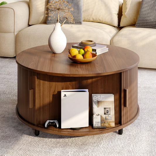 Round Coffee Table with Storage,31.5" Modern Coffee Table with Coffee Table with Sliding Doors