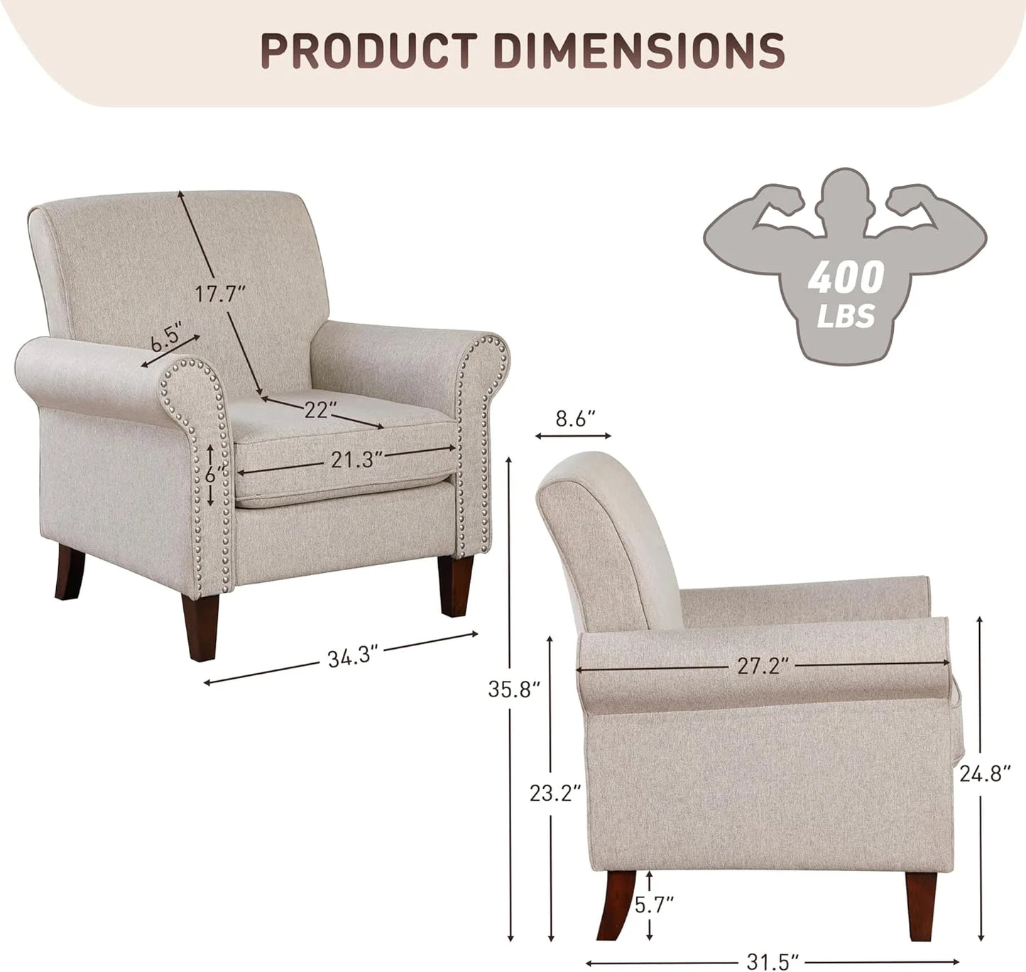 Upholstered, Chair Set of 2 - Large Comfy Fabric Accent Chair,  with Cushion, Rolled Armrest