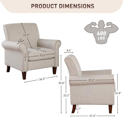 Upholstered, Chair Set of 2 - Large Comfy Fabric Accent Chair,  with Cushion, Rolled Armrest