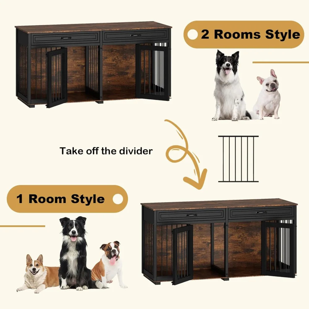Large Wooden Dog Crate with Drawers and Divider, 64.6 Inch Indoor Double Room Dog Kennel