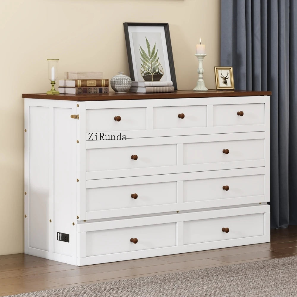 Solid Pine Murphy Bed Chest and Large Storage Drawer for Home Office or Small Room , Queen, White+Walnut