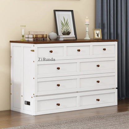 Solid Pine Murphy Bed Chest and Large Storage Drawer for Home Office or Small Room , Queen, White+Walnut