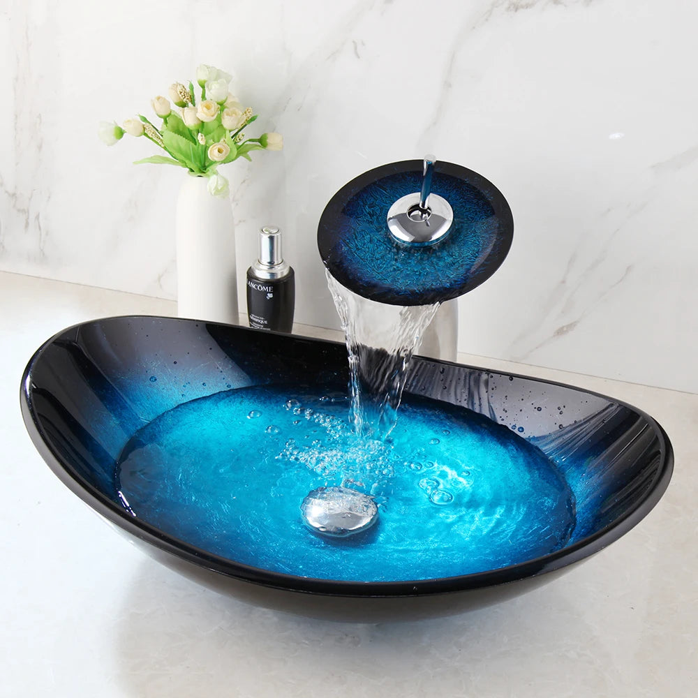Tempered Above Counter Basin Glass Sink with Waterfall Faucet Tap