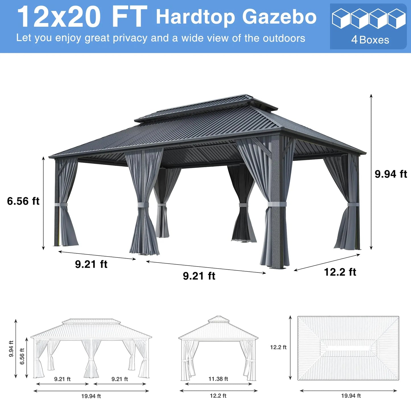 10x12~12x20FT Hardtop Gazebo Aluminum Frame Galvanized Steel Roof w/ Netting Curtain All Weather for Backyard Patio Garden