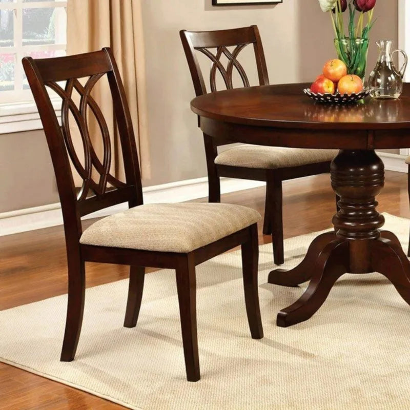 Dark Brown Wooden Dining Chair with Lattice Backrest Beige Fabric Seat Classic Style Dining Room Furniture for Home