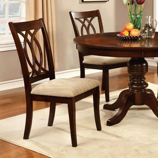Dark Brown Wooden Dining Chair with Lattice Backrest Beige Fabric Seat Classic Style Dining Room Furniture for Home