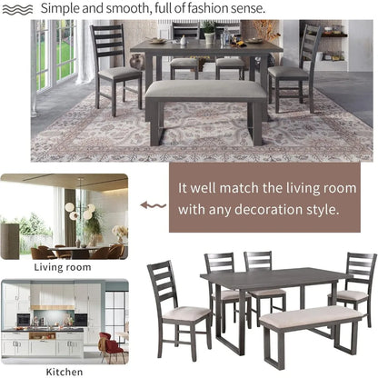 6 piece dining table set, kitchen table set with upholstered dining chairs and tufted bench