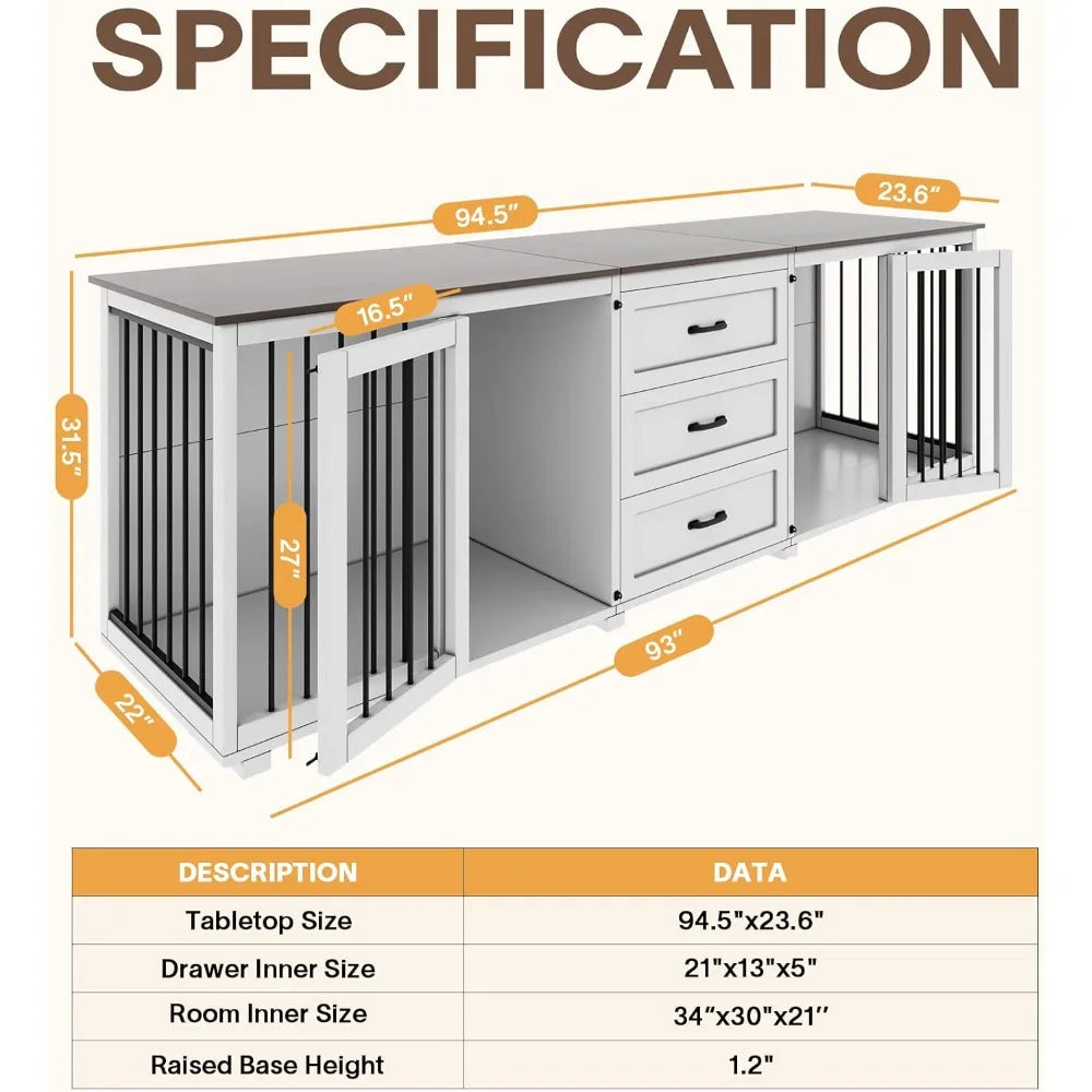Dog Crate - Wooden Dog Kennel Furniture with 3 Drawer, Double Doors with Locks, 95x23x32H, White