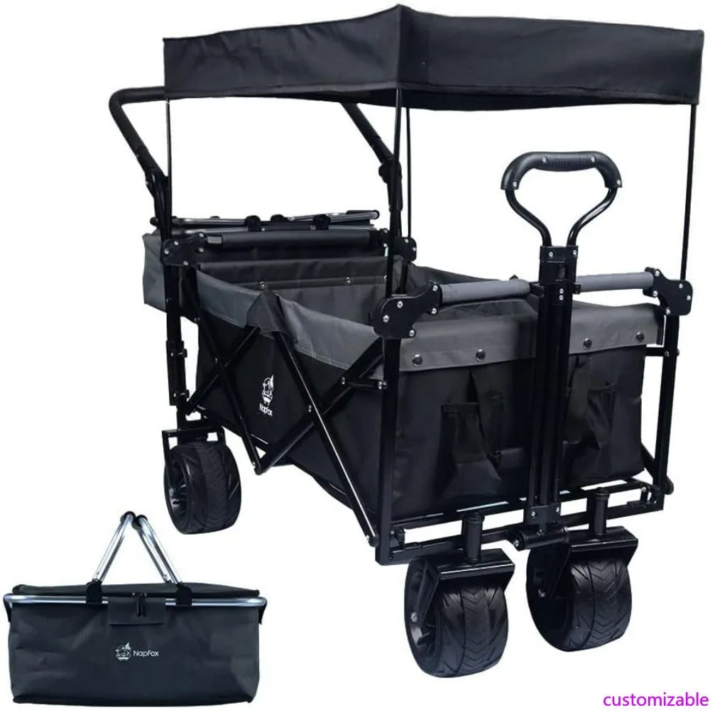 Heavy-Duty Collapsible Folding Wagon with Removable Cover, 4 Large All-Terrain Wheels, Brake, and Adjustable Handle