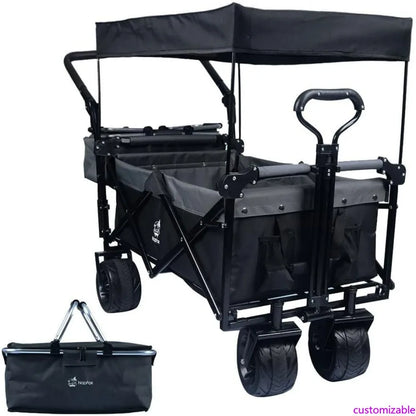 Heavy-Duty Collapsible Folding Wagon with Removable Cover, 4 Large All-Terrain Wheels, Brake, and Adjustable Handle