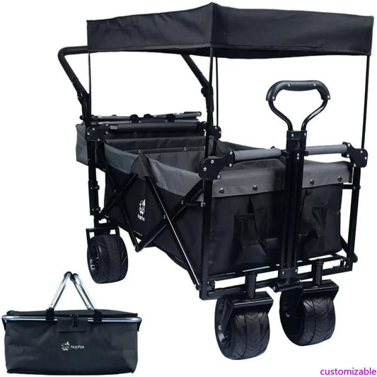 Heavy-Duty Collapsible Folding Wagon with Removable Cover, 4 Large All-Terrain Wheels, Brake, and Adjustable Handle