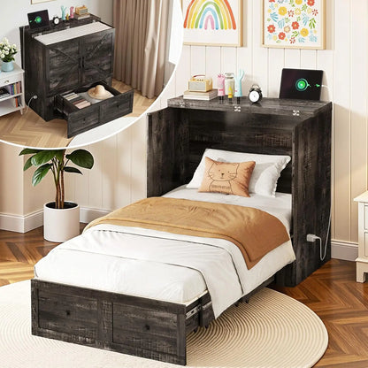 Twin Murphy Bed Cabinet with Storage Drawer, Farmhouse Foldable Platform Bed for Home Office