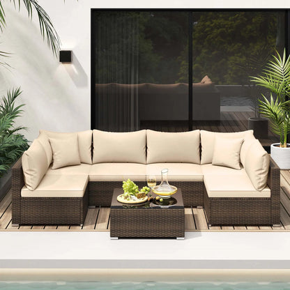 7 PCS Patio Rattan Furniture Set Sectional Sofa Cushioned, Garden