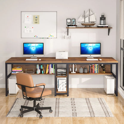 Two Person Desk with Bookshelf,  Computer Office Double Desk for Two Person, Rustic Writing Desk Workstation