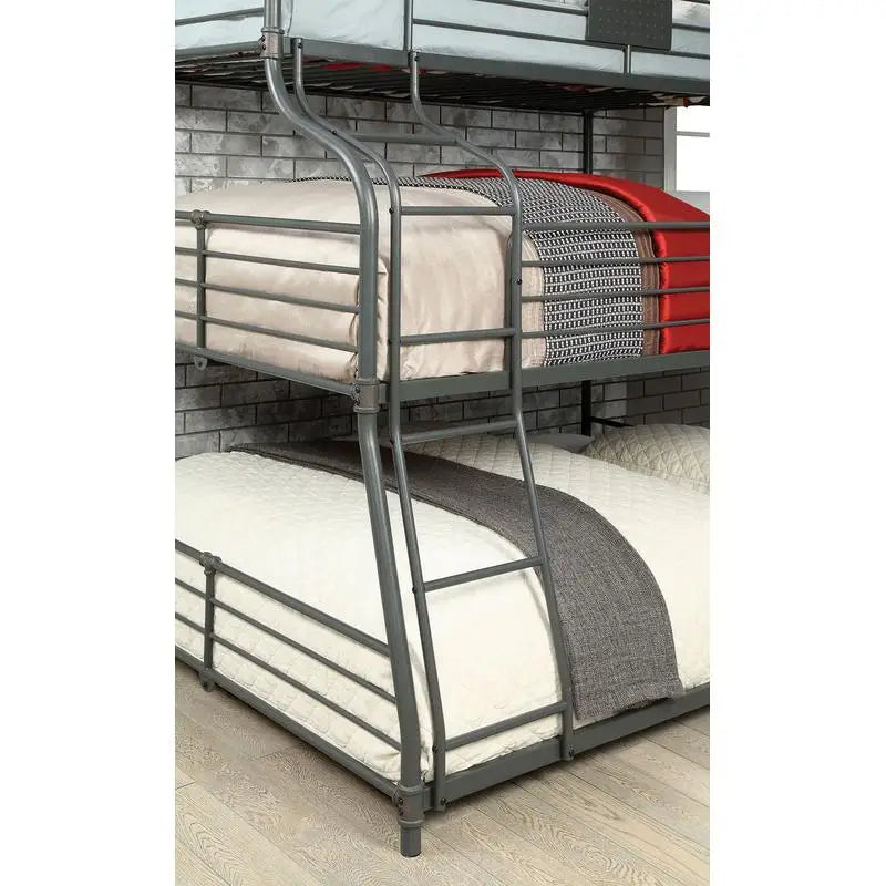 Industrial Style Metal Bunk Bed Twin Over Full Over Queen with Guard Rails and Curved Ladder, Antique Black Finish