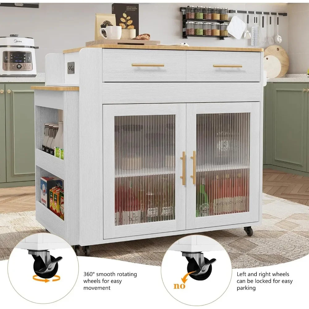 Marble Grain Top Rolling Kitchen Island Cart - Extendable Dining Table & Power Outlet for Organization