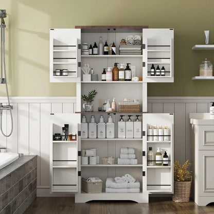 72" Kitchen Pantry, Farmhouse Cabinets with Barn Doors & Storage Shelves, Pantry Storage Cabinet- Coffee Bar