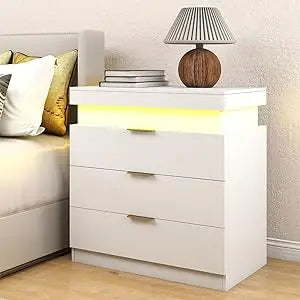 30.5''H Tall White Nightstand with LED Light, Large Night Stand with 3 Drawer & Sliding Top Bedside Table