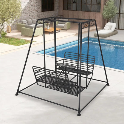 Outdoor Patio Swing Chair with Stand and Table, Hanging Swings with Heavy-Duty Steel Frame, Anti-Rust