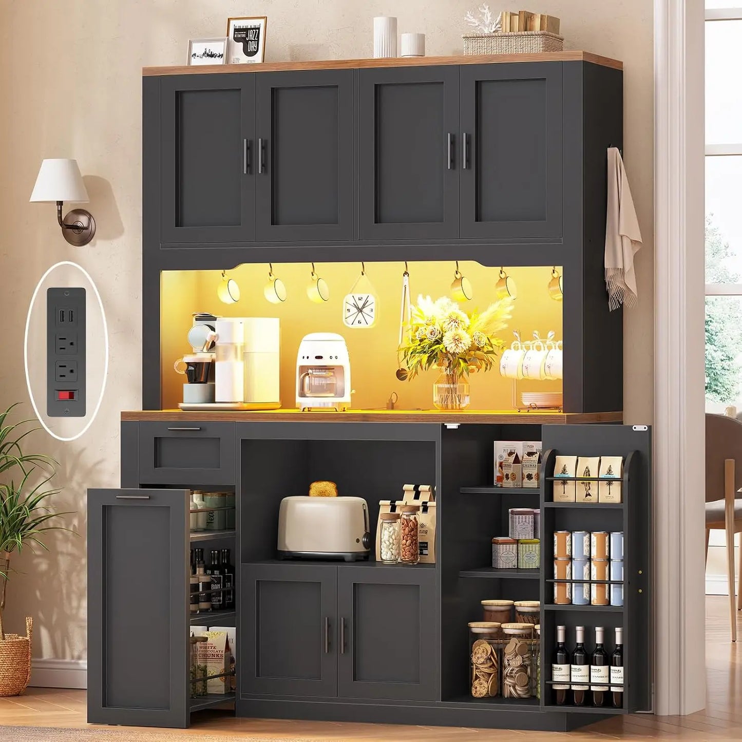 71" Pantry Cabinet with Charging Station and LED Light, Kitchen Pantry Cabinet with Microwave Stand, 47.2" Wide,