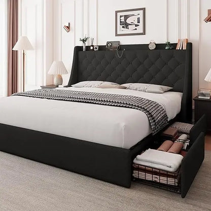 "black full-size bed with wingback headboard and storage drawers"